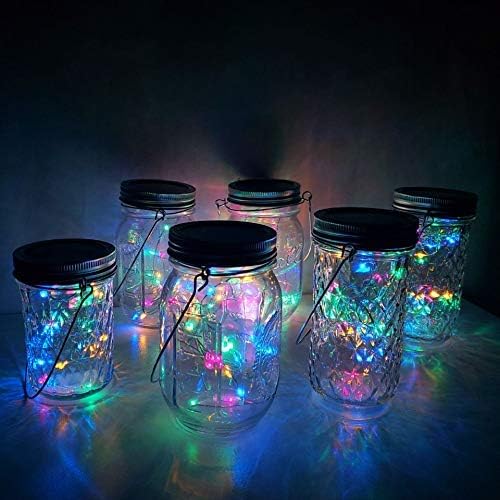 Solar Mason Jar Lights, 6 Pack 20 LED Waterproof Fairy Star Firefly String Lights with 6 Hangers (Jar Not Included), for Mason Jar Garden Wedding Christmas Party Decor（4 Colors）