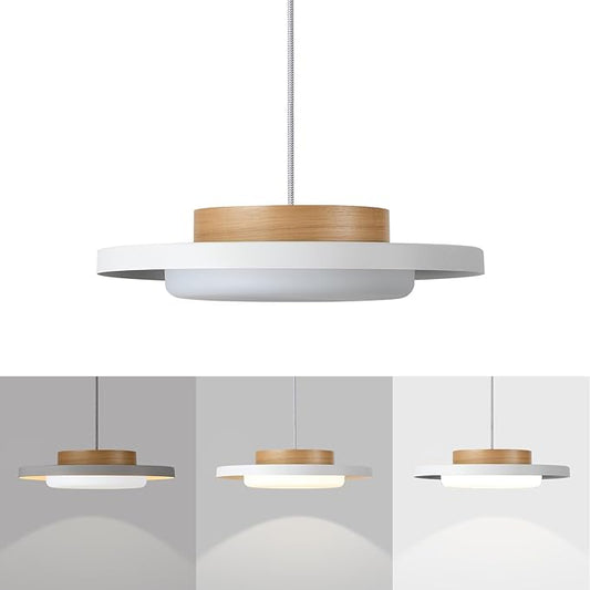 Mid Century Modern Pendant Lighting,15.7 inch,Natural Wood Cap, 3000K/Warm White/22W,Dimmable LED Pendant Light Fixtures, for Kitchen, Dining Room, Living Room