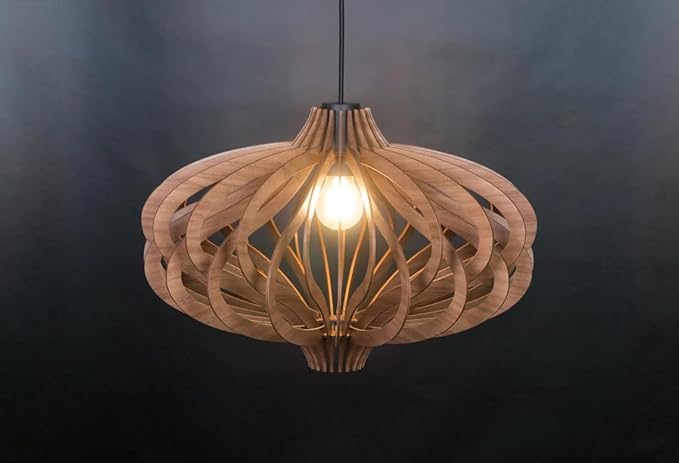 Wood Pendant Light – Scandinavian Geometric Wooden Ceiling Light, Modern Chandelier for Kitchen Island & Dining Room, Adjustable Hanging Lamp, Natural Finish, E26 Base