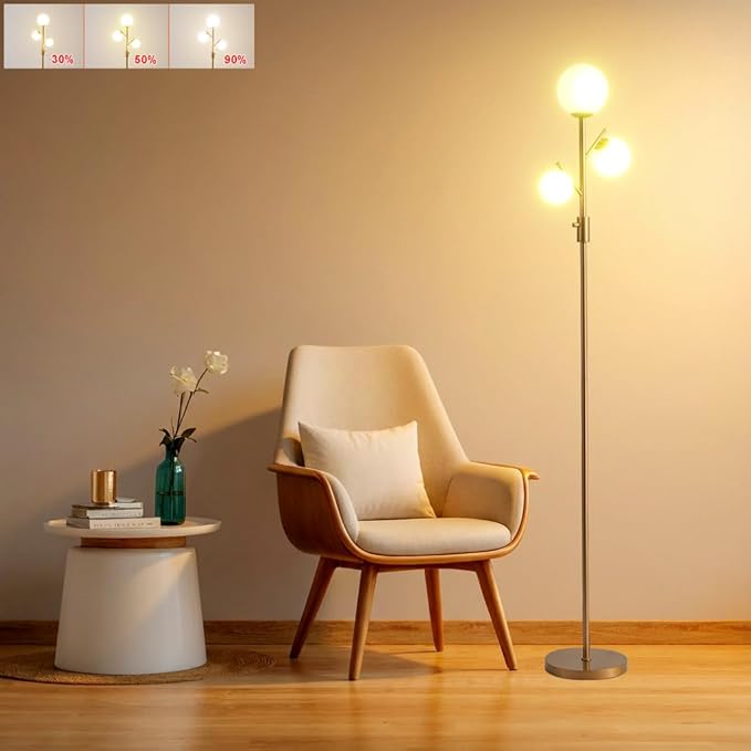 Fiqevs Mid Century Modern 3 Globe Tree Floor Lamp - Dimmable LED Standing Lamp with Bulbs, Warm Light for Living Room Bedroom Office - Antique Brass/Gold