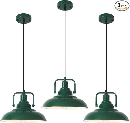 Farmhouse Pendant Light, 12.5inch, 3 Packs- Green Industrial Pendant Light, Kitchen Pendant Lights, Pendant Lights Kitchen Island, Pendant Light for Bedroom, Office, Kichen Sink, Library