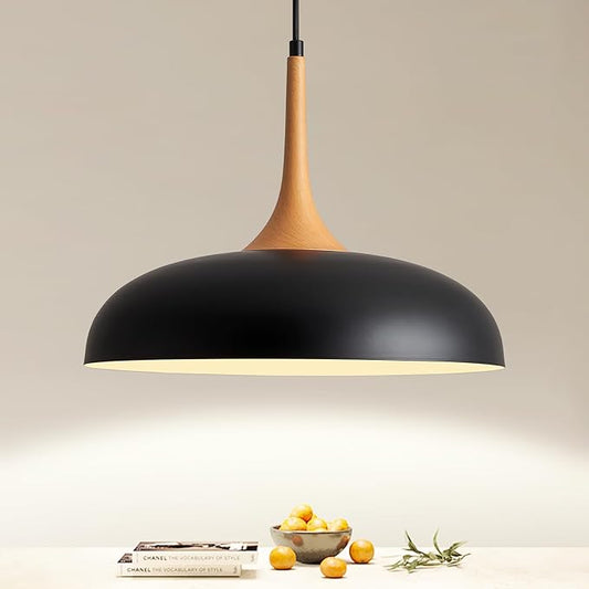 Oversize Black Pendant Lights Kitchen Island,Modern Pendant Light Fixtures,Farmhouse Adjustable Hanging Pendant Lighting Foyer Entryway Hallway Bedroom Dining Room Living Room,Faux-Wood,Large 15.75 in