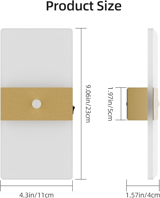 2 Pack Motion Sensor Gold Wall Lights, Morden Cordless Battery Operated LED Wall Lantern, Warm Light Wireless Decorative Gold Wall Sconces for Bedroom Living Room Hallway Garden Garage