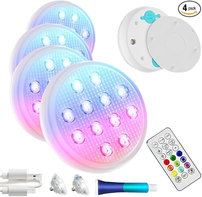 4 PCS Ultra-Bright Rechargeable Submersible LED Pool Lights – IP68 Waterproof, 16 Colors, 6 Modes, RF Remote, Magnetic Base & Glue Mount –for Pools, Ponds, Hot Tubs & Fountains