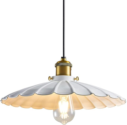 Pendant Light Fixture, White Farmhouse Vintage Pendant Light 15.7 Inch Lampshade with Adjustable Light Cord Kitchen Hanging Lights Retro Island Pendant Lights for Kitchen