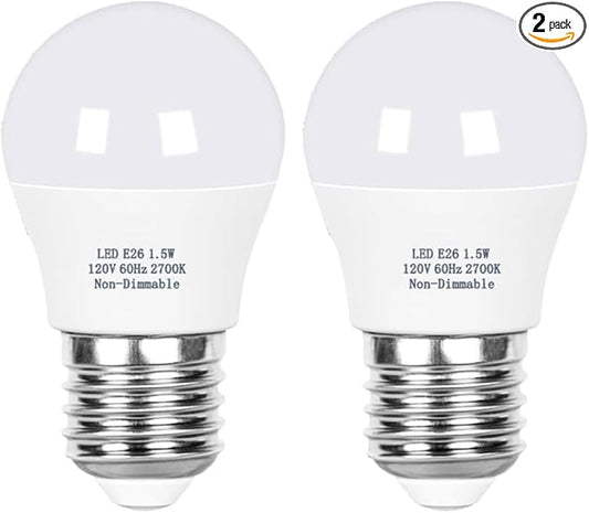 Vgogfly 1.5W Low Wattage Light Bulb - 15W Equivalent 2700K Soft White A15, E26 Base Night Light for Bedroom Nursery Hallway, Energy Saving LED Bulb for Small Lamps & Vintage Fixtures (2-Pack)