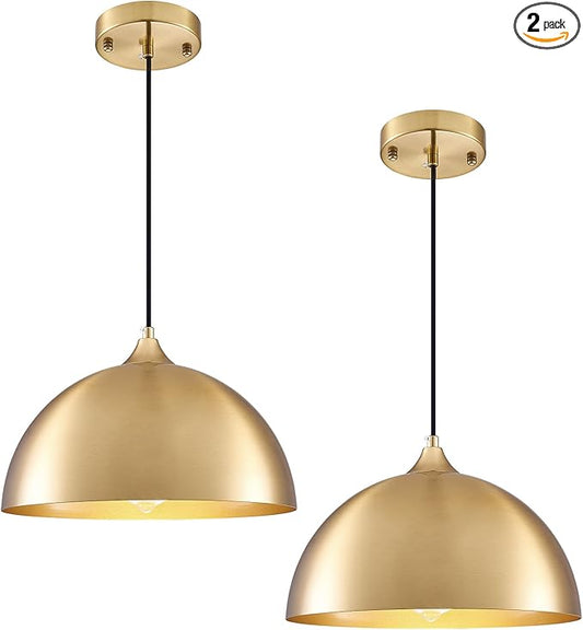 Gold Pendant Light 2 Pack, 11.8" Modern Pendant Lights Kitchen Island Adjustable Height, Farmhouse Dome Hanging Light for Dining Room Bar