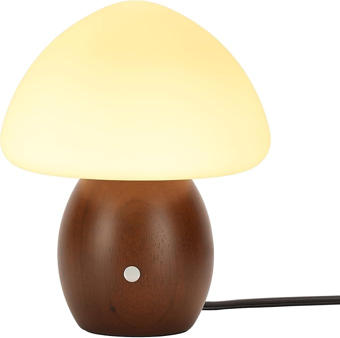 Mushroom Lamp with Touch Control Switch, Small Wooden Table Lamp with Glass Shade, 3 Way Dimmable Nightstand Lamp for Bedroom, G9 LED Bulb Included (Walnut Color&Opal White Glass Shade)