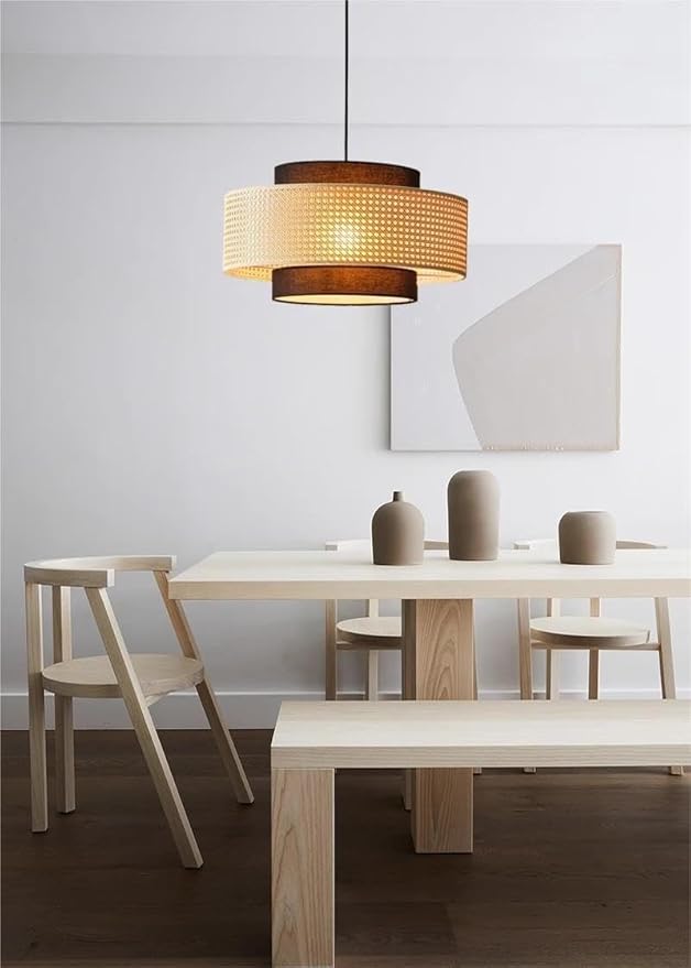 LIGHTLAND Rattan Farmhouse Pendant Light Fixture, Hand Woven Dining Room Pendant Light with Fabric Shade, Rustic Pendant Hanging Light Fixture for Kitchen Island Rattan Pendant Lighting 20''