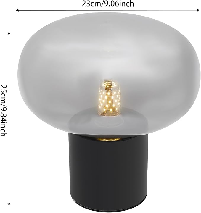 Mushroom Table Lamp Marble Base Glass Shade, Art Deco Bedside Nightstand Lamp for Living Room Bedroom Office, 12W E27 LED Bulb Included - 9''Lx 9.84''H,Illumination Area: 3-5㎡/32-54ft² (Smoky Gray)