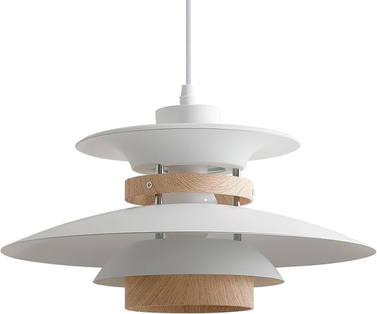 Modern Decor Adjustable Pendant Lamp Kitchen Island, Aluminum and Wood Finish,1-Light E26 Base Ceiling Hanging Light for Dining Room Shop Restaurant (White+Light Wood Grain, 40cm)