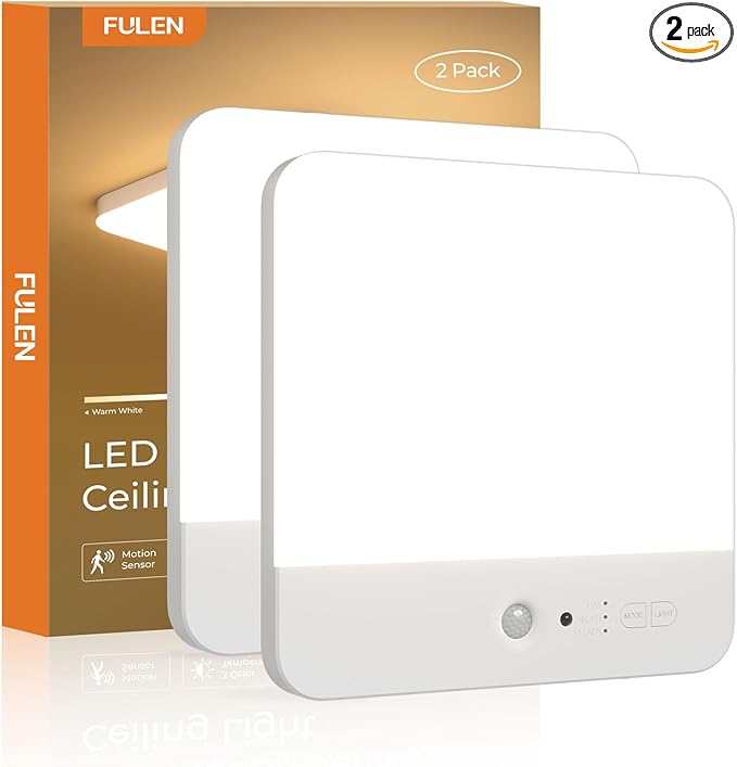 FULEN Motion Sensor Ceiling Light Fixture, Cordless Closet Light Battery Operated, Rechargeable Magnetic Mount LED Shower Light for Bathroom,Stairs,Garage,Hallway, Color Change, 2 Pack