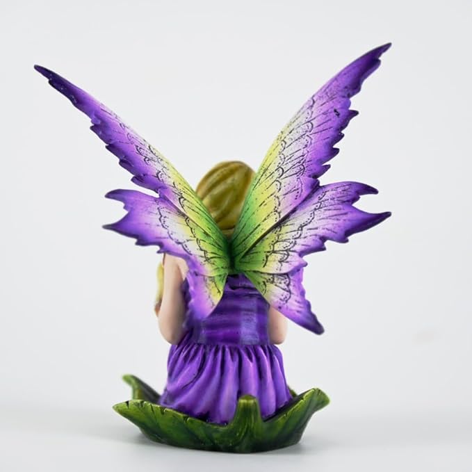 Fantasy Purple-Green Gradient Wings Fairy Figurine, Leaf Base Elf Statue, Hand-Painted Resin Decor for Mini Fairy Garden, Desk & Succulent Display