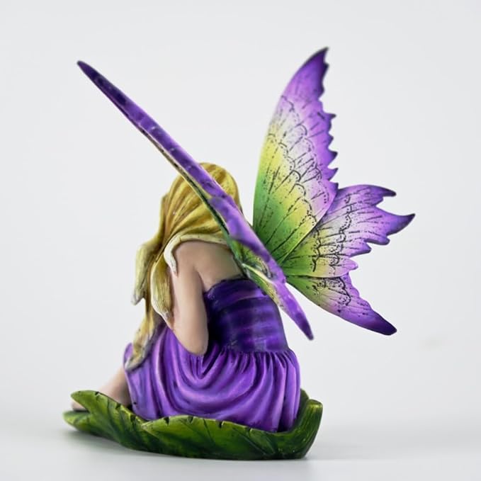 Fantasy Purple-Green Gradient Wings Fairy Figurine, Leaf Base Elf Statue, Hand-Painted Resin Decor for Mini Fairy Garden, Desk & Succulent Display