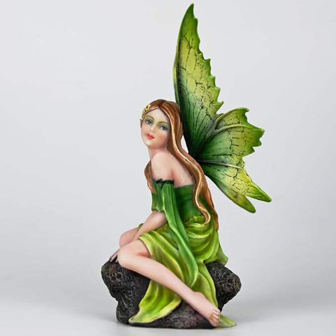 Fantasy Forest Green Fairy Figurine - Gradient Leaf Wings Elf Statue, Hand-Painted Resin Decor for Natural Garden, Desk & Shelf (15.5cm)