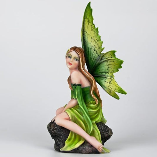 Fantasy Forest Green Fairy Figurine - Gradient Leaf Wings Elf Statue, Hand-Painted Resin Decor for Natural Garden, Desk & Shelf (15.5cm)