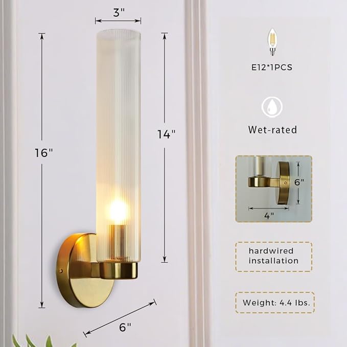 Fluted Textural Glass Wall Sconce, Modern Indoor Vanity Light, Glass Tube Wall Light Fixture with Metallic Finish, Wall Light fixtures for Bathroom, Mirror, Living Room, Bedroom (Brass)