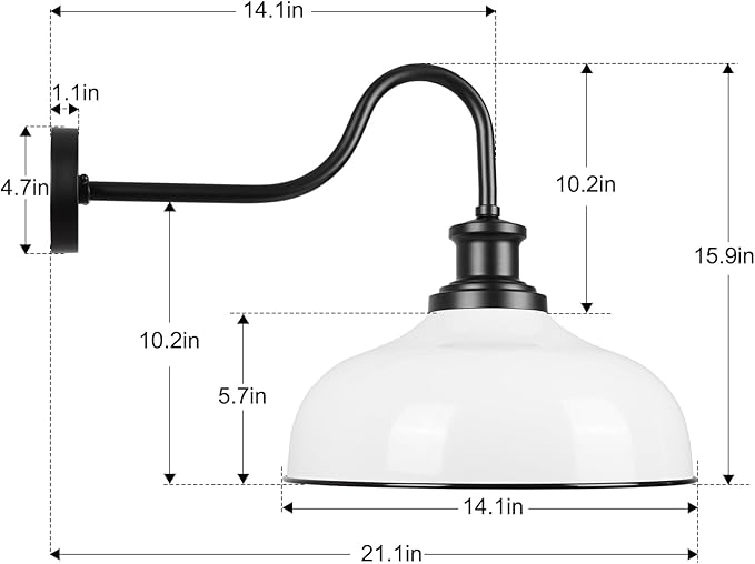Outdoor Gooseneck Barn Light,14 Inch Dome Outdoor Wall Sconce Farmhouse Exterior Wall Mount Light Vintage Wall Lighting Fixture Industrial Wall Lantern for Porch, Entryway, Garage, RZ007M WH