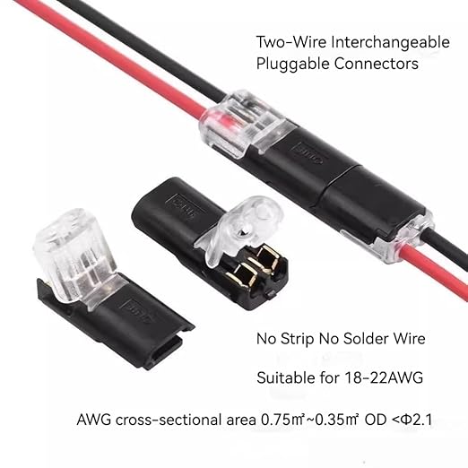 D2 2Pin Way 18-22AWG Waterproof Wire 1.5-2.1mm Push-in Led Strip Lights Connectors, Double Wire Plug in Connector - 20 Pcs Quick Disconnect Wire Connector