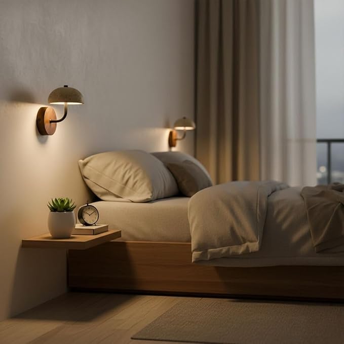 Accent Wall Lamp, Mushroom Travertine Wall Sconce, Yellow Stone Half Dome Light with Wood Base and Iron Arm for Bedroom Living Room Hallway Bedside Entryway Decor Home Art Surface