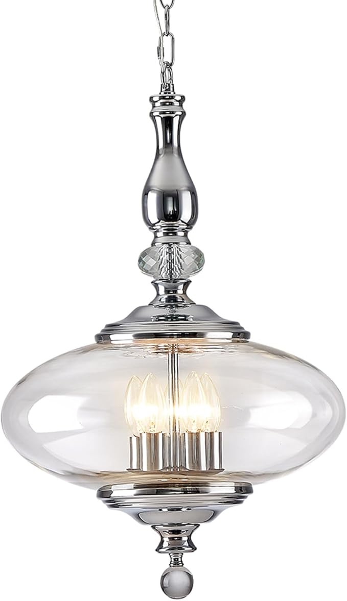 5 Light Chrome Chandelier Modern Glass Large Pendant Light H 27.5" x W 15.7" for Kitchen Island, Dining Room, Stairwells, Hallway. E12 Bulb