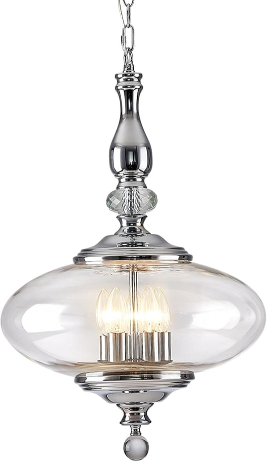 5 Light Chrome Chandelier Modern Glass Large Pendant Light H 27.5" x W 15.7" for Kitchen Island, Dining Room, Stairwells, Hallway. E12 Bulb