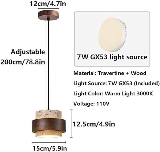 Nordic Natural Travertine Pendant Light Wabi-sabi Stone Chandelier Retro Industry Hanging Ceiling Lamp for Bedroom Bedside Study Dining Table Lighting (Natural)
