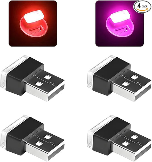 4PCS/Set USB LED Car Interior Atmosphere Lamp, Portable Mini Vehicle LED Night Light, Plug-in USB Interface Automotive Interior Ambient Lighting Kit Accessories, Universal Fit (Red/Pink)