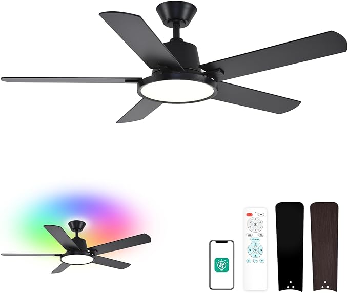 Orison Ceiling Fans with Lights, 52 inch Low Profile Ceiling Fan with RGB Backlight, Flush Mount Ceiling Fan with Remote and App Control,White Bedroom Fan, 6 Speeds, 5 Reversible Blades (Black RGB)