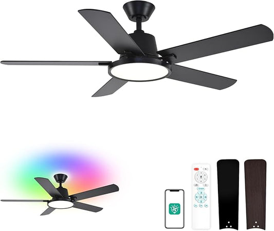 Orison Ceiling Fans with Lights, 52 inch Low Profile Ceiling Fan with RGB Backlight, Flush Mount Ceiling Fan with Remote and App Control,White Bedroom Fan, 6 Speeds, 5 Reversible Blades (Black RGB)