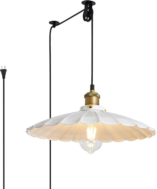 Hanging Plug in Pendant Light 13.8 Inch Round Metal Shade Vintage White Pendant Light for Kitchen Island Dome Industrial Hanging Lamp with Plug in Cord Living Room