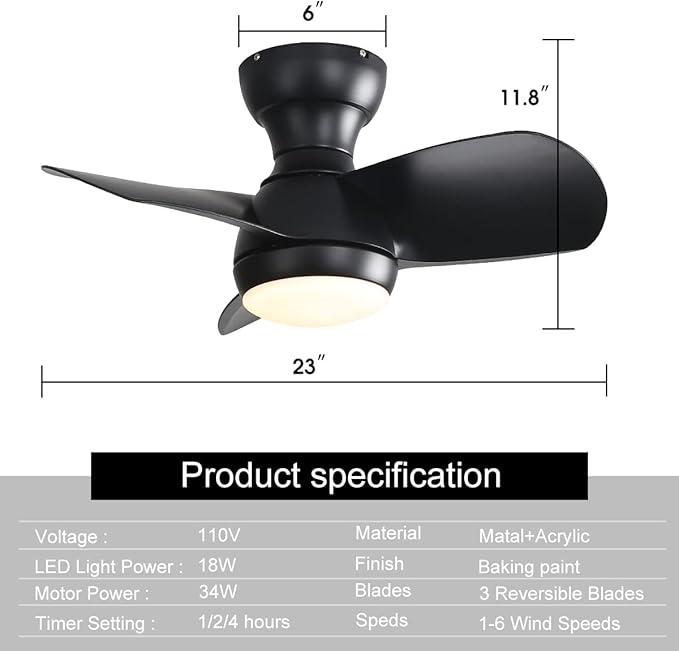 23" Black Small Ceiling Fan with Light, DC Motor,LED, Mini Flush Mount Ceiling Fan with Lights Low Profile Ceiling Fans for Patios Waterproof Kitchen Dining Room Bedroom