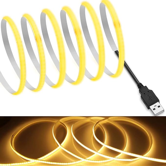 MDee】USB COB Tape Light LED Strip.6.56ft/2m- Flexible 5mm Hidden DC 5V LED Tape with 320 LEDs/m for Warm (2700K) Lighting. Cuttable, Shapeable, USB Powered. Ideal for Kitchen