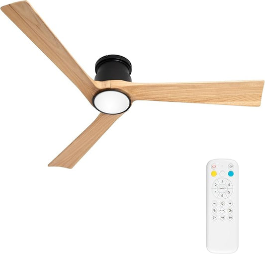 Ceiling Fan with Lights Flush Mount,52 Inch Wood Ceiling Fans with Remote Control Noiseless Reversible DC Motor 6 Speed Timer for Bedroom,Living Room