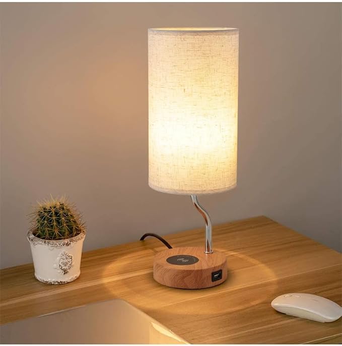 Upgraded Smart Bedside Table Lamp with Wireless Charger & USB Port - Touch Control LED Desk Lamp for Bedroom, Dimmable Wooden Nightstand Lamp with Fabric Shade for Home Living Room, Kid's Room Cream