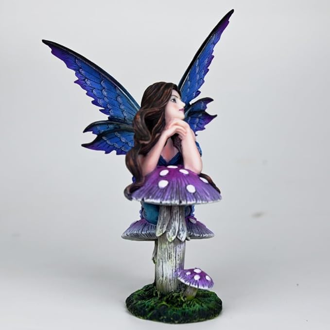 Fantasy Mushroom Fairy Figurine, 6.1 Inch Blue-Purple Gradient Elf Statue, Hand-Painted Resin Decor with 3D Mushroom Base for Fairy Garden, Desk, Living Room Display