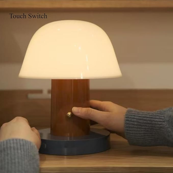 Mushroom Table Lamp Modern Dimmable Night Light Cordless Touch Rechargeable Desk Lamp Nordic Minimalist Retro Nightstand Bedside Lamps for Bedroom Living Room(Brown Red)