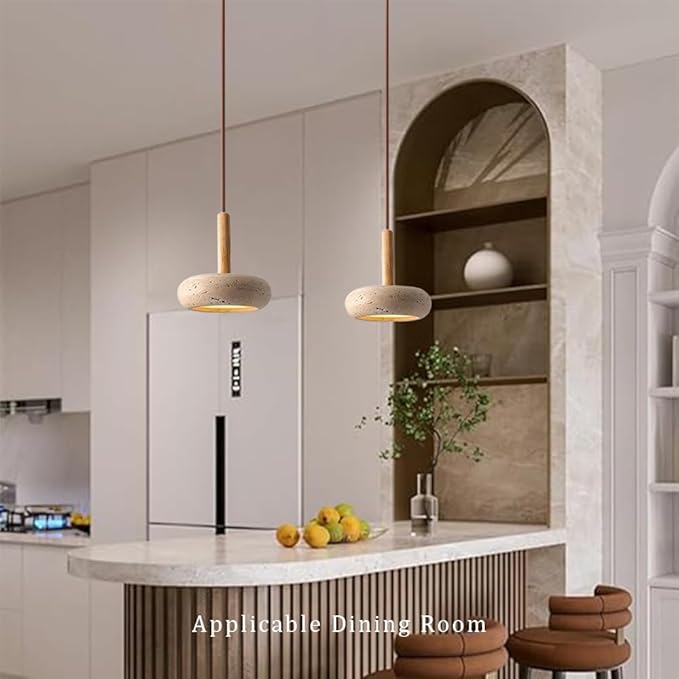 Wabi Sabi Pendant Light, 5.9" Yellow Travertine Pendant Light with Round Natural Stone Shade, Nordic Wood Pendant Lamp for Bedroom Bedside Light Living Room Kitchen Island Entryway Hallway