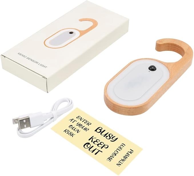 Wooden Message Memo Motion Sensor Door Key Night Light, Doorknob Board LED Door Lock Lamp, Rechargeable Doorhandle Warm Light Hook Design for Bedroom, Bathroom