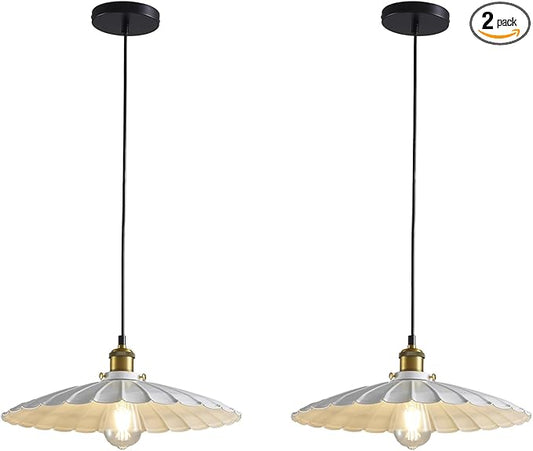 Pendant Light Fixture, White Farmhouse Vintage Hanging Lamp 15.7 Inch Lampshade with 6Ft Adjustable Light Cord Kitchen Hanging Lights Retro Island Pendant Lights for Kitchen 2Pack