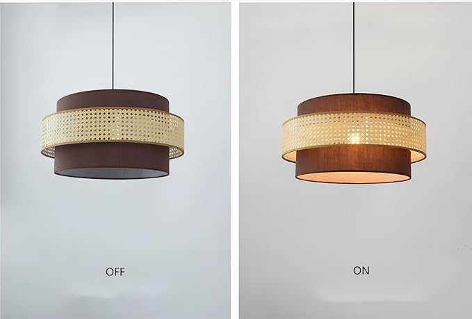 LIGHTLAND Rattan Farmhouse Pendant Light Fixture, Hand Woven Dining Room Pendant Light with Fabric Shade, Rustic Pendant Hanging Light Fixture for Kitchen Island Rattan Pendant Lighting 20''