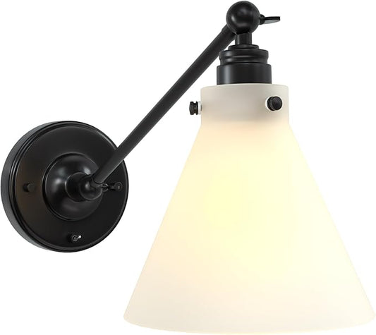 Industrial Vintage Slope Pole Wall Mount Single Sconce with Funnel Flared Clear Glass Shade, Swing Arm Wall Sconce Light Lamp Fixture Hardwired
