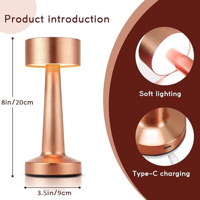 Portable LED Table Lamp, 3-Levels Brightness Metal Desk Lamp,3 Color Touch Control Rechargeable Lamp, Ideal Bedside Lamp for Nightstand,Bedroom, Living Room (Rose Gold)