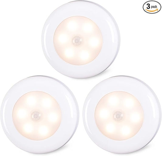 STAR-SPANGLED 3 Pack 2.8” Motion Sensor Lights Indoor AAA Battery Operated, Stick on LED Puck Light for Stairs, Under Cabinet, Closet, Warm White
