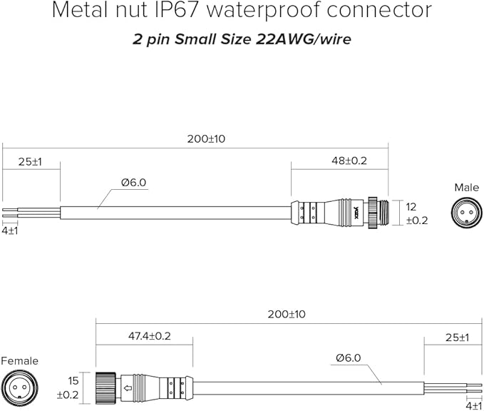 BTF-LIGHTING 2 Pin Electrical Metal nut Connector 18AWG IP68 Male Female Connector 7.87in/20cm Extension Cable for Car,Truck,Boat,Indoor/Outdoor LED Strip Lights/String 15mm Metal Nut Small Size