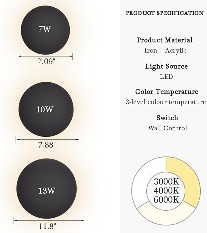 Modern Minimalist Wall Light White/Black Round Disc Wall Sconce Metal Circular Stairwell Lighting Dimmable LED Sconce for Living Room Bedroom