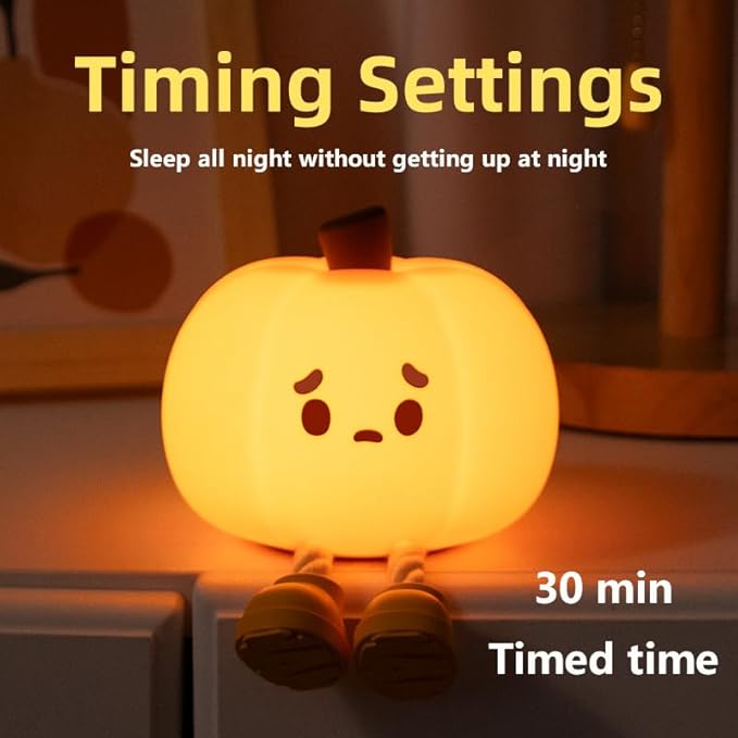 Pumpkin Night Light, Squishy LED Nursery Lamp with Timer, Rechargeable Silicone Nightlight for Kids, Dimmable Bedside Lantern for Baby Room & Easter Decor