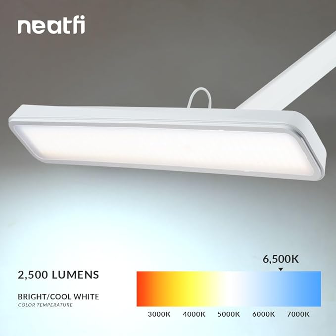 Neatfi Task Lamp – 2,500 Lumens, 30W, 22-Inch Wide Shade, 4 Brightness Levels, Eye-Caring Light, Clamp Mount, LED Task Light for Manicure Table, Crafts, Workbench, Office (Non-CCT, White)