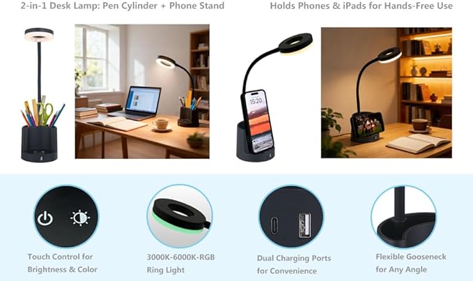 HomeFocus LED Desk Lamp, Eye-Caring Dimmable Reading Light, RGB Night Light, Student Lamp, Metal Flexible Gooseneck, Black, for Home, Office, Gift for Kids, Students, Women