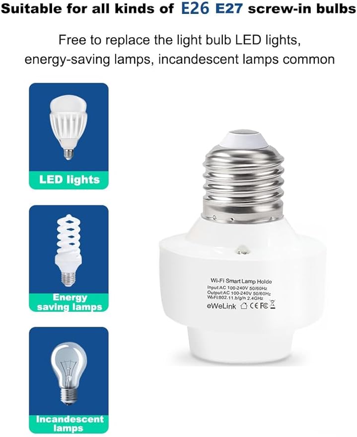 QIACHIP Smart WiFi Bulb Socket E26 E27 Light Bulb Adapter,Wireless Smart 2.4G Remote Control Lamp Base Holder,eWeLink APP Remote Timer and Group Control,Voice Control with Alexa and Google
